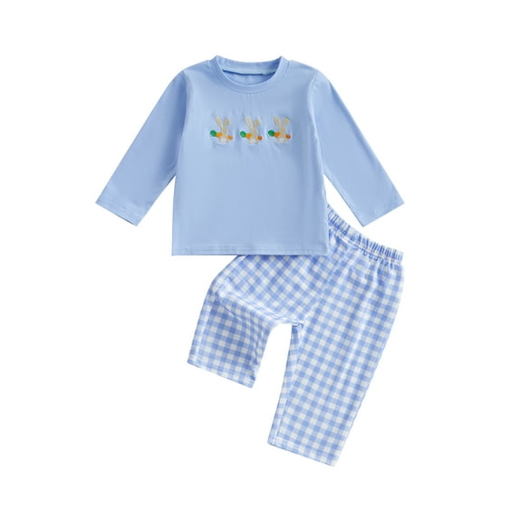 Suealasg 2Pcs Toddler Boy Girl Easter Outfits Bunny Embroidery Long Sleeve Tops with Plaid Pants Set