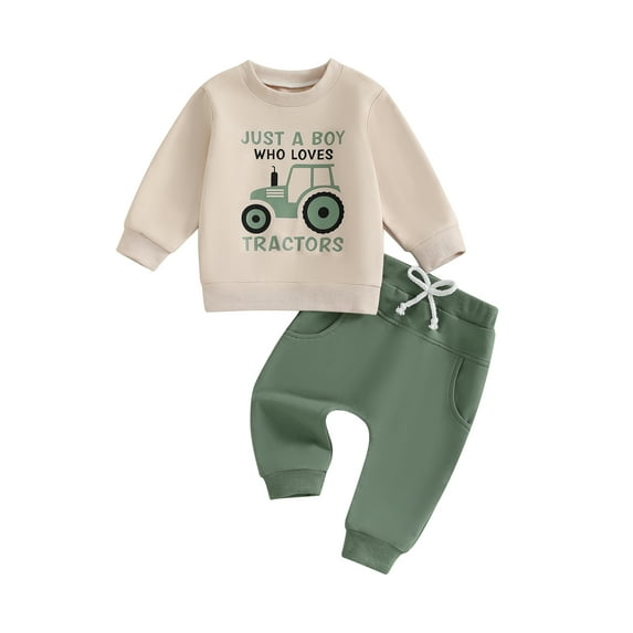 Suealasg 2Pcs Toddler Boys Fall Clothes 1T 2T 3T 4T 5T Little Boys Long Sleeve Crew Neck Tractor Print Sweatshirt Long Pants Sets