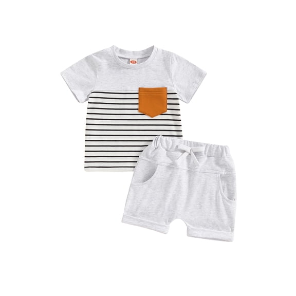 Suealasg 2Pcs Toddler Boys Summer Clothes 6M 12M 18M 24M 3T Baby Boys Casual Beach Outfits Short Sleeve Stripe Print T-Shirt and Elastic Shorts Set