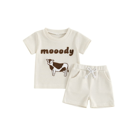Suealasg 2Pcs Toddler Boys Western Clothes 6M 12M 18M 24M 3T 4T Kids Baby Boys Summer Casual Beach Outfits Short Sleeve Cow Embroidery T-Shirt and Elastic Shorts Set