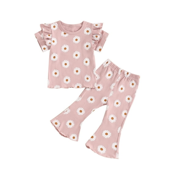 Suealasg 2Pcs Toddler Girl Clothes 1T 2T 3T 4T 5T Kids Girl Summer Casual Outfits Flying Sleeve O Neck Daisy Print Tops Flared Pants Sets