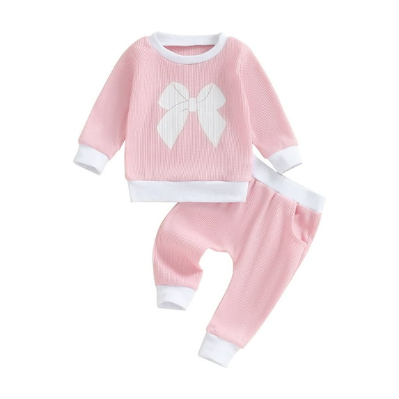 Suealasg 2Pcs Toddler Girl Fall Waffle Clothes 6M 12M 18M 2T 3T Infant Baby Girl Crew Neck Long Sleeve Bowknot Print Sweatshirt Pullover Top Long Pants Sets