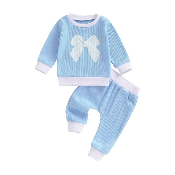 Suealasg 2Pcs Toddler Girl Fall Waffle Clothes 6M 12M 18M 2T 3T Infant Baby Girl Crew Neck Long Sleeve Bowknot Print Sweatshirt Pullover Top Long Pants Sets