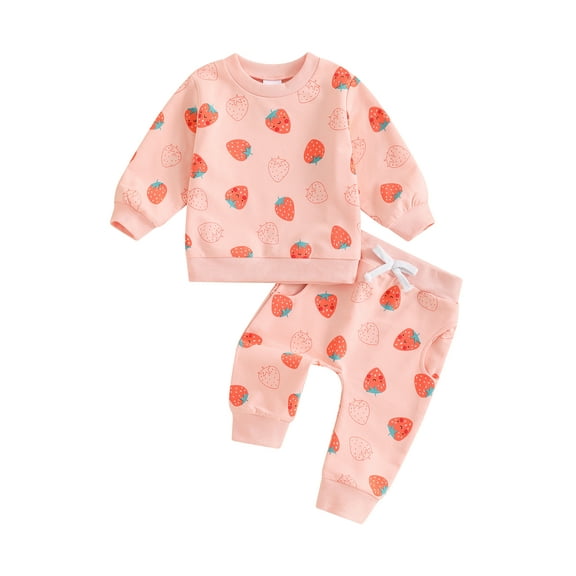 Suealasg 2Pcs Toddler Girl Fall Winter Clothes 6M 12M 18M 2T 3T Infant Baby Girl Letter Crew Neck Long Sleeve Strawberry Sweatshirt Top Drawstring Pants Sets