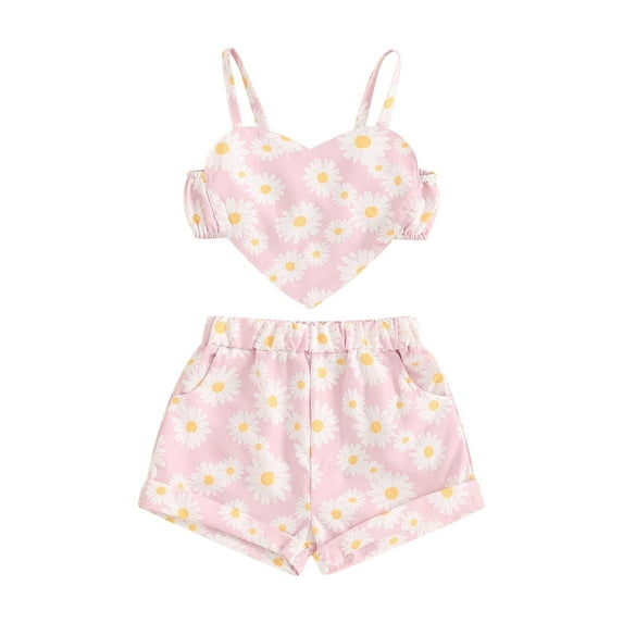 Suealasg 2Pcs Toddler Girl Summer Clothes 6M 1T 2T 3T 4T Baby Girl Casual Beach Outfits Sleeveless Daisy Print Heart Cami Tops and Elastic Waist Shorts Set