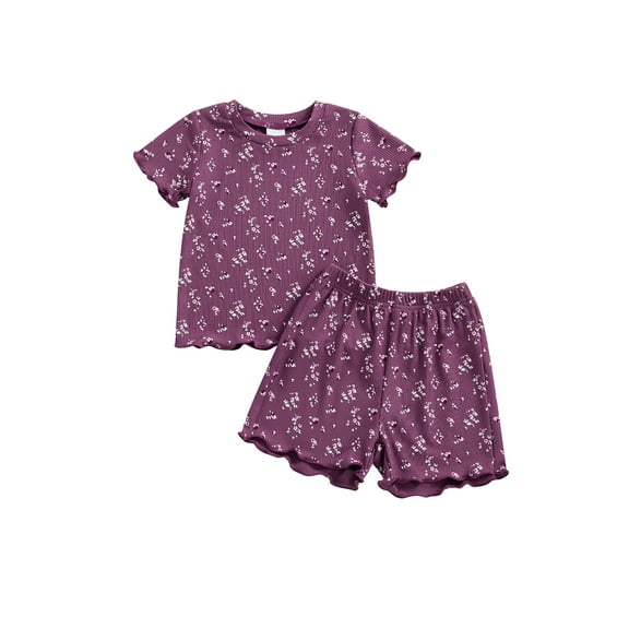 Suealasg 2Pcs Toddler Girl Summer Clothes 6M 1T 2T 3T 4T Baby Girl Casual Beach Outfits Short Sleeve Flower Print T-Shirts Tops and Elastic Waist Shorts Set