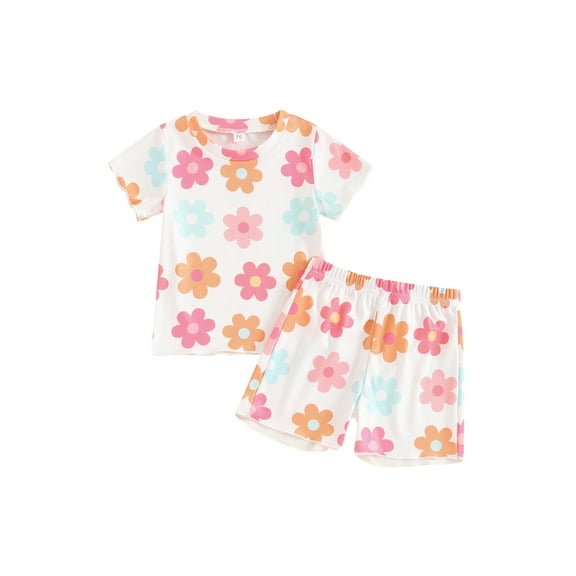 Suealasg 2Pcs Toddler Girls Beach Clothes 6M 12M 18M 24M 3T 4T Kids Baby Girls Summer Casual Outfits Short Sleeve Flower Print T-Shirt +Elastic Waist Shorts