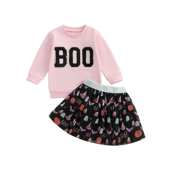 Suealasg 2Pcs Toddler Kids Girl Halloween Outfits Clothes Set 1T 2T 3T 4T 5T 6T Little Girl Long Sleeve Letters Embroidery Sweatshirt +Ghost Print Tulle Skirt