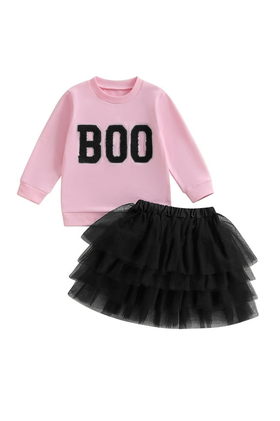 2Pcs Toddler Kids Girl Halloween Outfits Long Sleeve Letter Embroidered Sweatshirt Tulle Skirt Set 1T 2T 3T 4T 5T 6T Little Girl Halloween Clothes