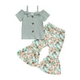 thumbnail image 1 of Suealasg 2Pcs Toddler Kids Girl Summer Clothes 1T 2T 3T 4T 5T Short Sleeve Cold Shoulder Ribbed Tops +Flower Print Flare Pants Little Girl Casual Outfits, 1 of 7