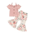 thumbnail image 1 of Suealasg 2Pcs Toddler Kids Girl Summer Clothes 1T 2T 3T 4T 5T Short Sleeve Cold Shoulder Ribbed Tops +Flower Print Flare Pants Little Girl Casual Outfits, 1 of 7