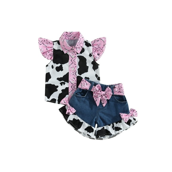Suealasg 2Pcs Western Kids Toddler Girls Clothes Fly Sleeve Crew Neck Cow Print T-Shirts Tops and Denim Shorts with Belt 1T 2T 3T 4T 5T 6T Little Girls Summer Outfits