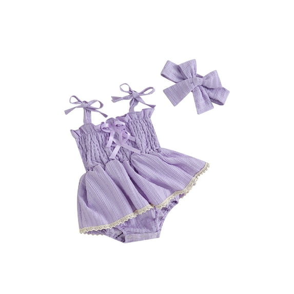 Suealasg 2pcs Baby Girl Clothes Sets 3M 6M 12M 18M Infant Girls Summer Birthday Party Romper Dress Sleeveless Bow Front Smocked Bodysuit+Headband