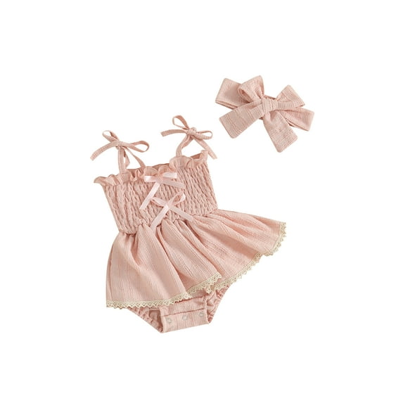 Suealasg 2pcs Baby Girl Clothes Sets 3M 6M 12M 18M Infant Girls Summer Birthday Party Romper Dress Sleeveless Bow Front Smocked Bodysuit+Headband