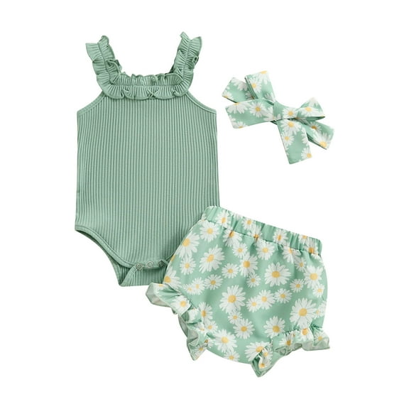 Suealasg 3 6 12 18 Months Baby Girls Clothes Sleeveless Ribbed Romper Daisy Print Shorts Headband Sets Newborn Girls 3Pcs Summer Outfits