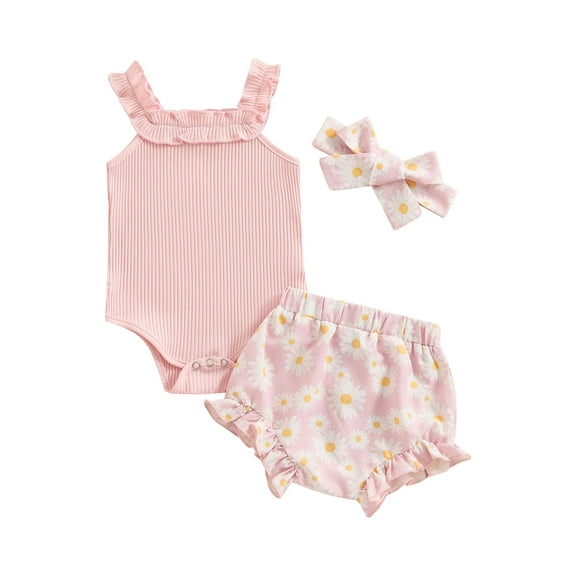 Suealasg 3 6 12 18 Months Baby Girls Clothes Sleeveless Ribbed Romper Daisy Print Shorts Headband Sets Newborn Girls 3Pcs Summer Outfits