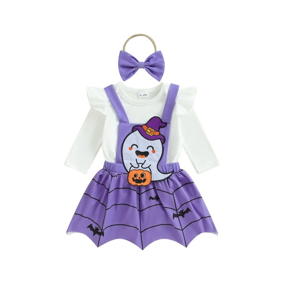 Suealasg 3PCS Toddler Baby Girl Halloween Outfit Long Sleeve Romper with Ghost Embroidery Overall Dress and Headband 3 6 12 18 24 Months Infant Halloween Clothes Set