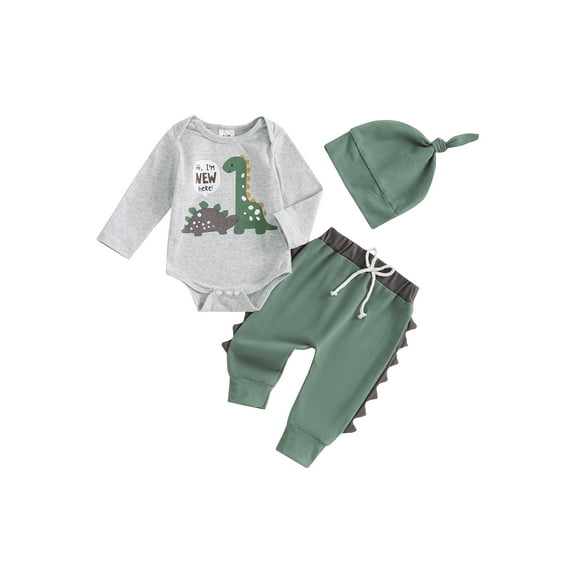 Suealasg 3Pcs Baby Boy Fall Outfits 0 3 6 12 Months Newborn Girls Long Sleeve Dinosaur Print Romper Contrast Color Long Pants Hat Sets Autumn Clothes