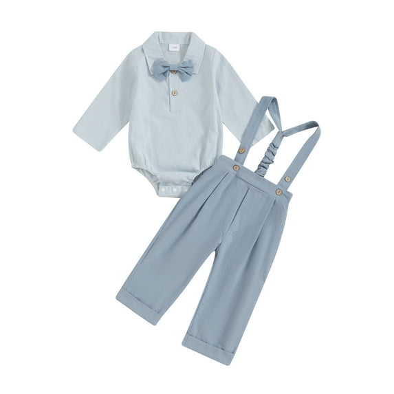 Suealasg 3Pcs Baby Boy Gentleman Outfits Long Sleeve Lapel Neck Stripe Print Romper + Suspender Pants + Bow Tie Set 3 6 12 18 24 Months Infant Boy Gentleman Clothes