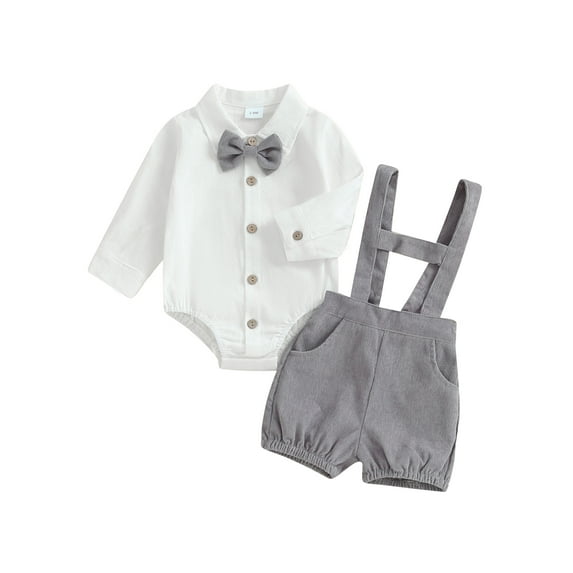 Suealasg 3Pcs Baby Boy Gentleman Suit Outfit Long Sleeve Romper with Bow Tie+ Suspender Shorts 3 6 12 18 Months Infant Newborn Boy Fall Formal Clothes Set