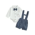 thumbnail image 1 of Suealasg 3Pcs Baby Boy Gentleman Suit Outfit Long Sleeve Romper with Bow Tie+ Suspender Shorts 3 6 12 18 Months Infant Newborn Boy Fall Formal Clothes Set, 1 of 7