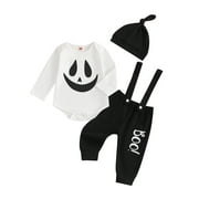 Suealasg 3Pcs Baby Boy Girl Halloween Outfit Long Sleeves Witch Pumpkin Print Romper Letter Print Suspender Pants +Hat Set 3 6 12 18 Months Infant Halloween Formal Wear Clothes