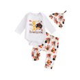 thumbnail image 1 of Suealasg 3Pcs Baby Boy Girl Thanksgiving Outfits Set Long Sleeve Letter Print Romper Tops+ Turkey Print Pants + Hat Set 3 6 12 18 Months Infant Thanksgiving Clothes, 1 of 8