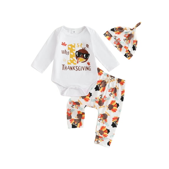 Suealasg 3Pcs Baby Boy Girl Thanksgiving Outfits Set Long Sleeve Letter Print Romper Tops+ Turkey Print Pants + Hat Set 3 6 12 18 Months Infant Thanksgiving Clothes
