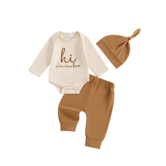 Suealasg 3Pcs Baby Boys Fall Outfits Long Sleeve Letters Print Romper + Long Pants + Hat Set 3 6 Months Newborn Boys Autumn Clothes