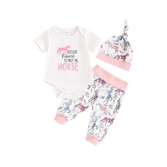Suealasg 3Pcs Baby Boys Girls Summer Outfits 0-18 Months Newborn Western Clothes Letter Animals Print Crew Neck Short Sleeve Rompers Long Pants Hat