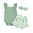 thumbnail image 1 of Suealasg 3Pcs Baby Girl Clothes Set Fly Sleeve Romper with Flower Print Shorts and Hairband Infant Girls Summer Outfits 0-18 Months, 1 of 9