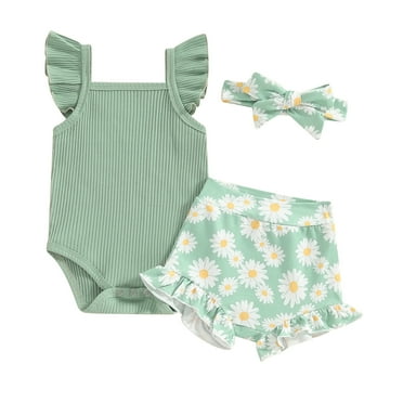 Suealasg 3Pcs Baby Girl Clothes Set Fly Sleeve Romper with Flower Print Shorts and Hairband Infant Girls Summer Outfits 0-18 Months