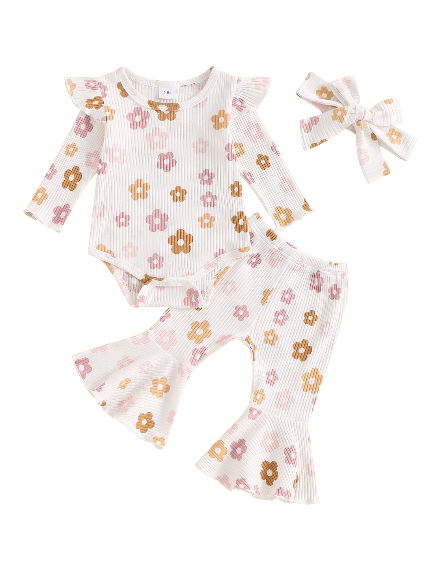 Suealasg 3Pcs Baby Girl Clothes Set Long Sleeve Floral Print Romper