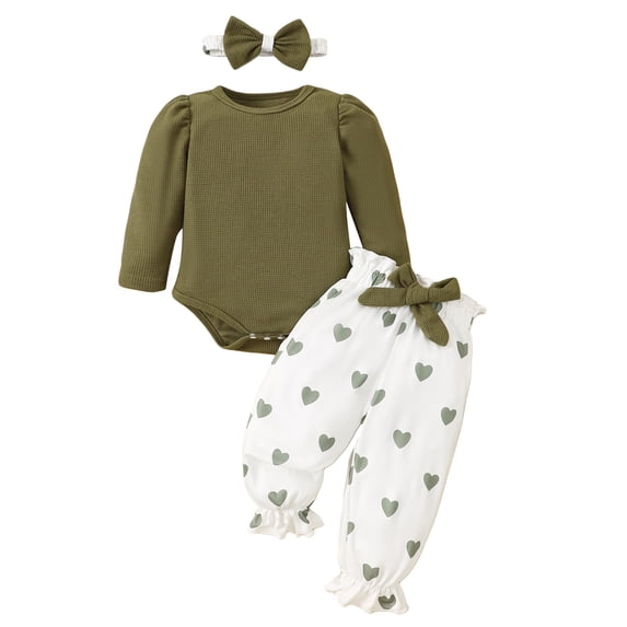 Suealasg 3Pcs Baby Girl Fall Outfits Long Sleeve Romper + Heart Print Long Pants + Headband Set 3 6 12 18 Months Infant Girl Autumn Clothes