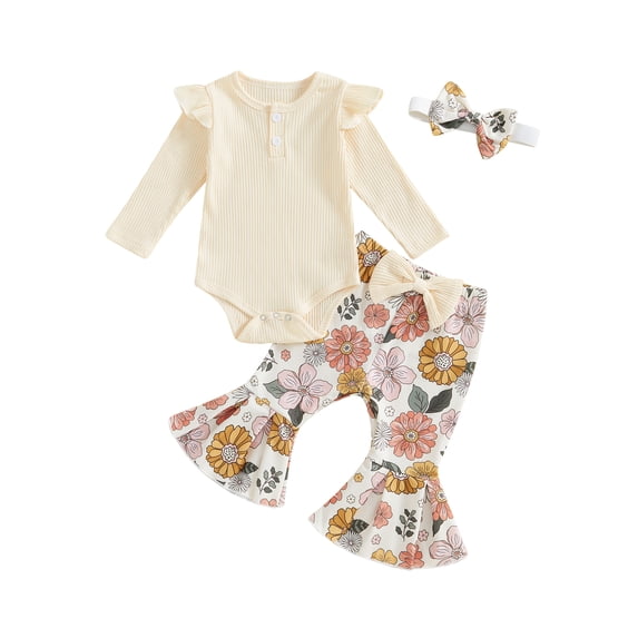 Suealasg 3Pcs Baby Girl Fall Outfits Set Long Sleeve Ribbed Romper + Floral Print Flare Pants + Headband Set 3 6 12 18 Months Infant Girl Spring Clothes