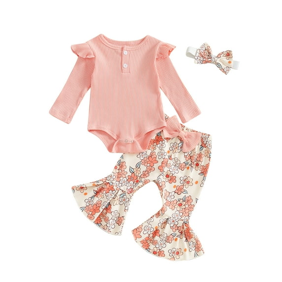 Suealasg 3Pcs Baby Girl Fall Outfits Set Long Sleeve Ribbed Romper + Floral Print Flare Pants + Headband Set 3 6 12 18 Months Infant Girl Spring Clothes