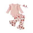 thumbnail image 1 of Suealasg 3Pcs Baby Girl Fall Outfits Set Long Sleeve Ribbed Romper + Floral Print Flare Pants + Headband Set 3 6 12 18 Months Infant Girl Spring Clothes, 1 of 7