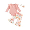 thumbnail image 1 of Suealasg 3Pcs Baby Girl Fall Outfits Set Long Sleeve Ribbed Romper + Floral Print Flare Pants + Headband Set 3 6 12 18 Months Infant Girl Spring Clothes, 1 of 7