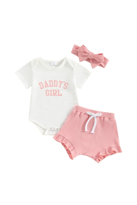3Pcs Baby Girl Father's Day Outfits Short Sleeve Letters Print Romper +Elastic Waist Shorts +Hairband 3 6 12 18 Months Infant Girls Summer Clothes