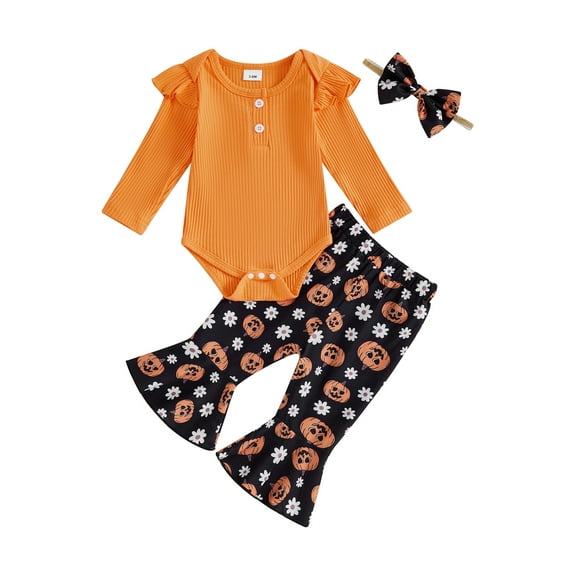 Suealasg 3Pcs Baby Girl Halloween Clothes Long Sleeve Ribbed Romper  Pumpkin Flower Print Flare Pants  Headband Set 3 6 9 12 18 Months Infant Girl Halloween Outfits