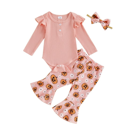 Suealasg 3Pcs Baby Girl Halloween Clothes Long Sleeve Ribbed Romper  Pumpkin Flower Print Flare Pants  Headband Set 3 6 9 12 18 Months Infant Girl Halloween Outfits