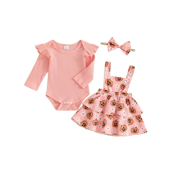Suealasg 3Pcs Baby Girl Halloween Clothes Long Sleeve Ribbed Romper  Pumpkin Print Suspender Skirt   Headband Set 3 6 9 12 18 Months Infant Girl Halloween Outfits