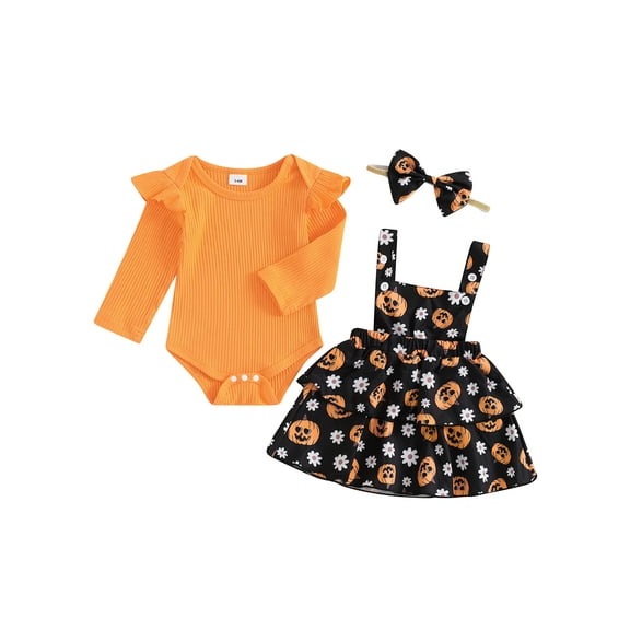 Suealasg 3Pcs Baby Girl Halloween Clothes Long Sleeve Ribbed Romper  Pumpkin Print Suspender Skirt   Headband Set 3 6 9 12 18 Months Infant Girl Halloween Outfits