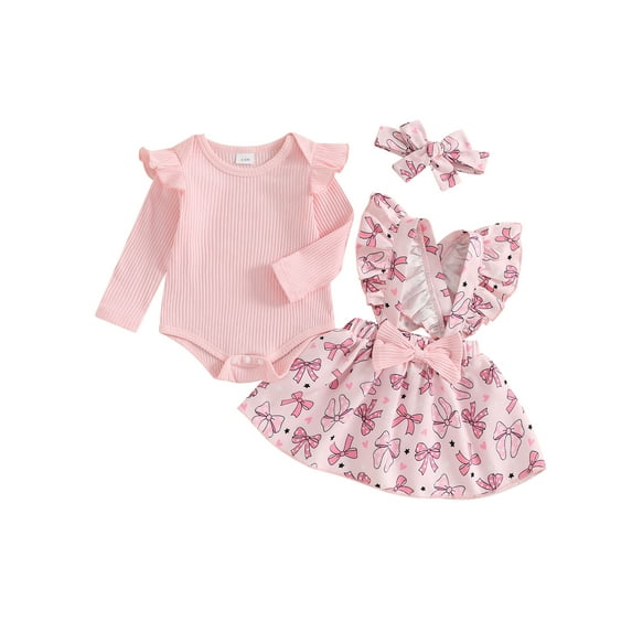 Suealasg 3Pcs Baby Girl Outfits Infant Girl Spring Fall Clothes Long Sleeve Ribbed Romper Bow Print Suspender Skirt Tie Headband 0-18 Months