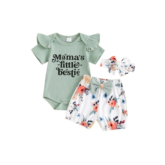 Suealasg 3Pcs Baby Girl Summer Clothes Set Short Sleeve Letter Print Ribbed Romper Floral Shorts Bow Headband Infant Newborn Girls Outfits