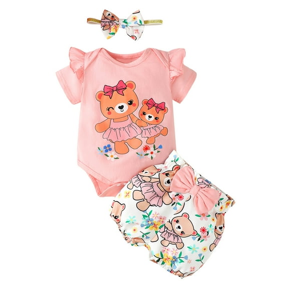 Suealasg 3Pcs Baby Girl Summer Outfits Short Sleeve Ruffle Romper Tops + Bear Print Shorts + Headband Set 3 6 9 12 18 24 Months Infant Girls Cute Clothes