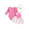thumbnail image 1 of Suealasg 3Pcs Baby Girl Valentines Day Outfit Heart Ruffle Long Sleeve Ribbed Romper Bear Patch Overall Dress Bow Headband Set 3M 6M 12M 18M Infant Girls Spring Clothes, 1 of 7