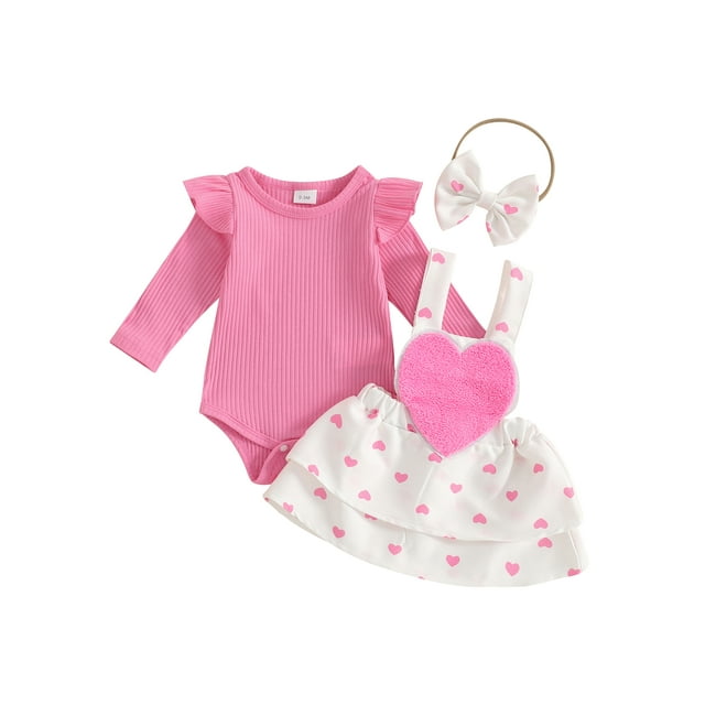 Suealasg 3Pcs Baby Girl Valentines Day Outfit Heart Ruffle Long Sleeve Ribbed Romper Bear Patch Overall Dress Bow Headband Set 3M 6M 12M 18M Infant Girls Spring Clothes
