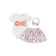 thumbnail image 1 of Suealasg 3Pcs Baby Girls 1st Birthday Clothes Short Sleeve Letter Print Romper +Donut Print Skirt + Headband 3M 6M 9M 12M 18M Toddler Girls Casual Summer Outfits, 1 of 9