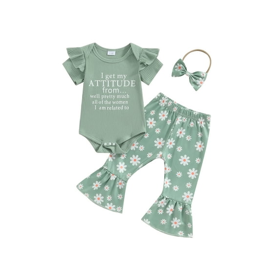 Suealasg 3Pcs Baby Girls Clothes 3 6 12 18 Months Infant Short Sleeve Letter Print Romper +Floral Flare Pants +Headband Newborn Girls Summer Casual Outfits
